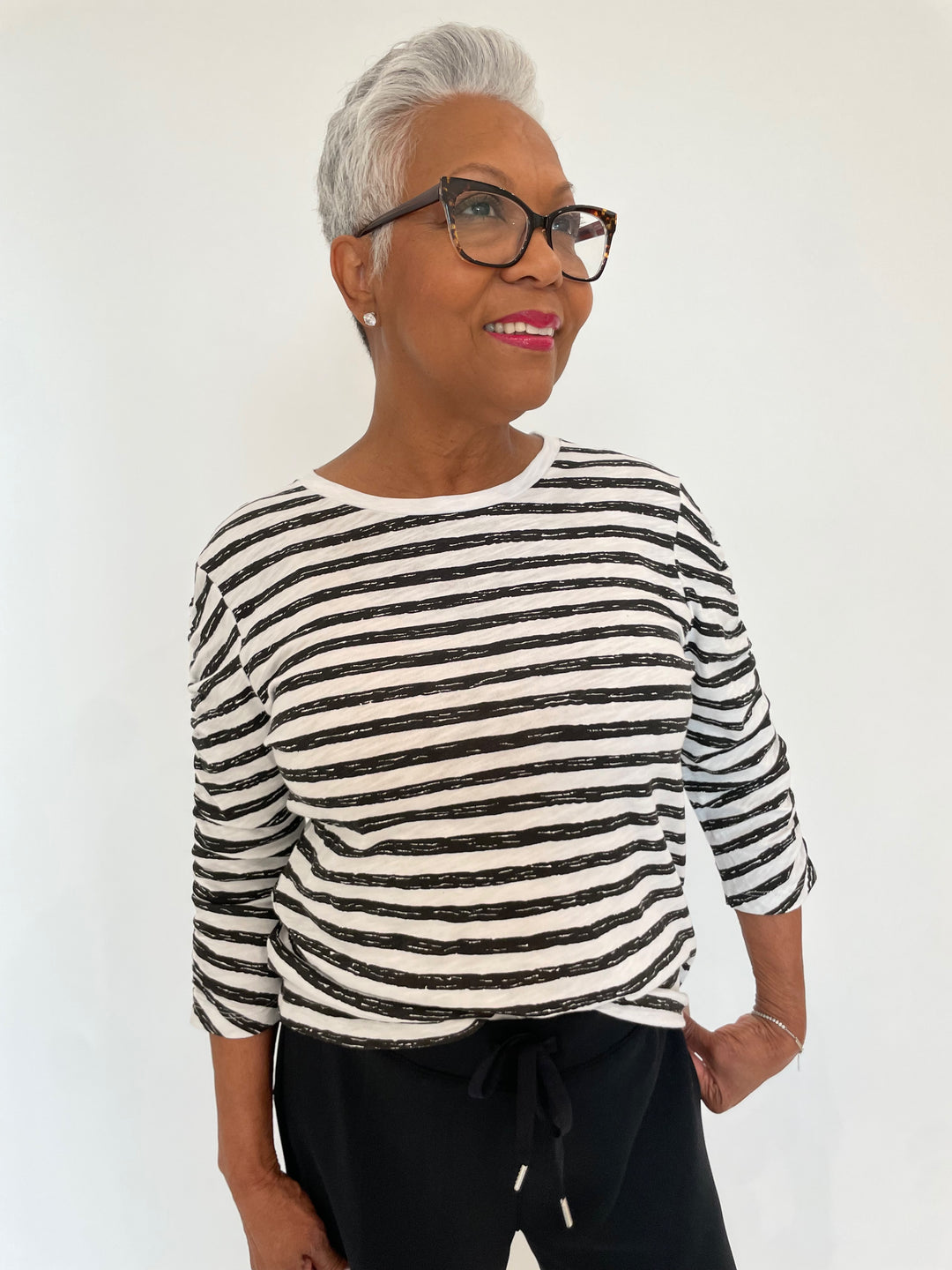 Elliott Lauren Stripe Ruched Sleeve Tee in Black/White available at Barbara Katz