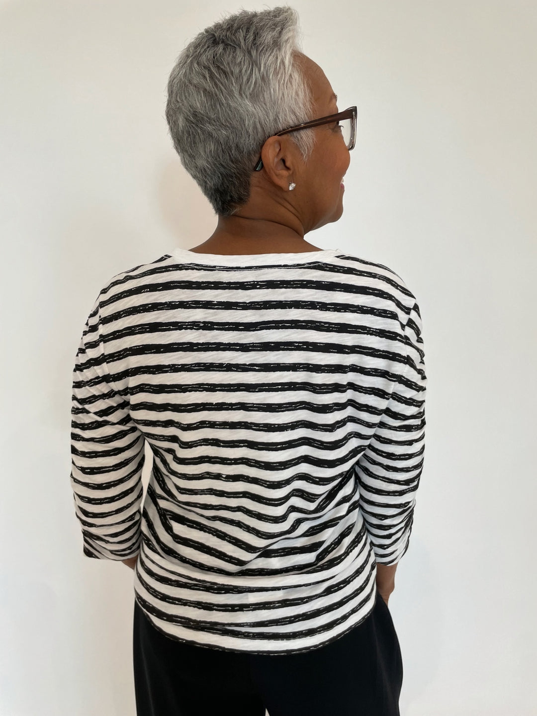 Elliott Lauren Stripe Ruched Sleeve Tee in Black/White available at Barbara Katz