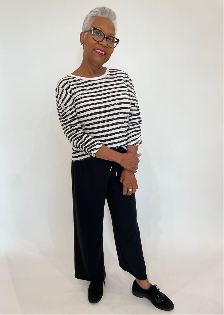 Elliott Lauren Stripe Ruched Sleeve Tee in Black/White paired with Elliott Lauren Wide Straight Leg Easy Pants in Black available at Barbara Katz