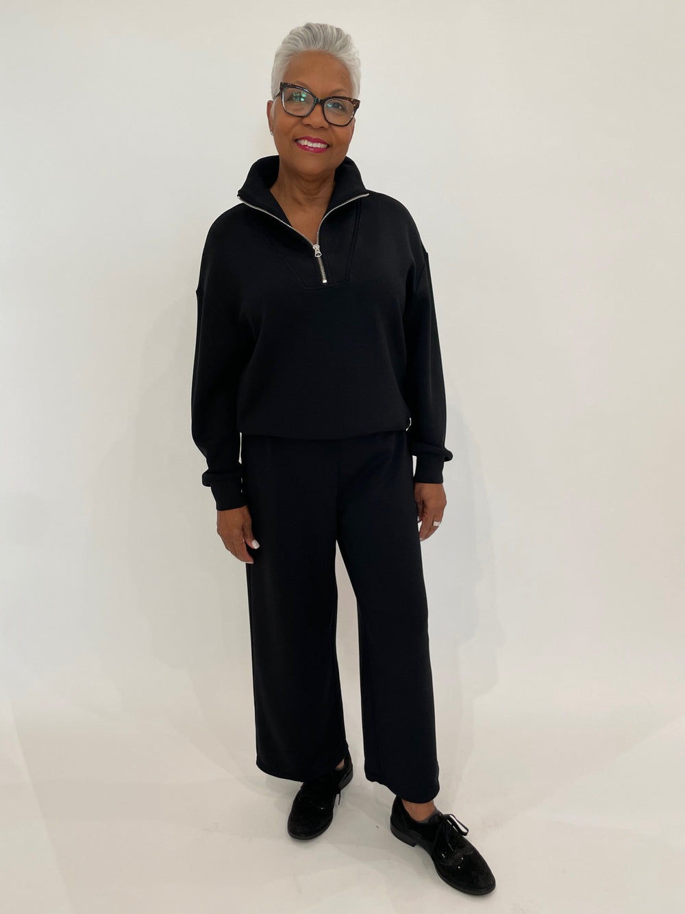 Elliott Lauren Wide Straight Leg Easy Pants in Black paired with Elliott Lauren Comfort Zone Half-Zip Sweatshirt in Black available at Barbara Katz