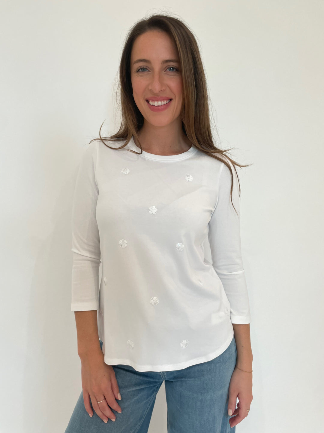 E.L.I Ruth 3/4 Sleeve Top With Sequin Dots in White/White available at Barbara Katz