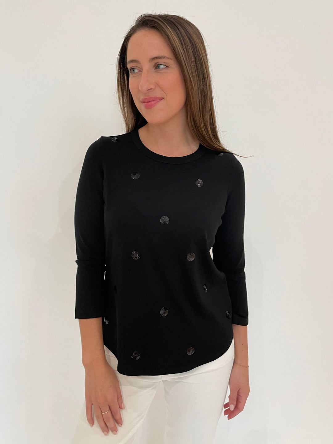 E.L.I Ruth 3/4 Sleeve Top With Sequin Dots in Black/Black available at Barbara Katz