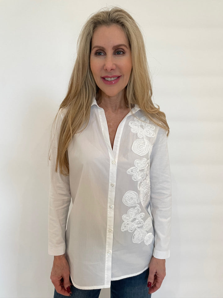 WHYCI Norma Embroidered Flower Shirt in White available at Barbara Katz