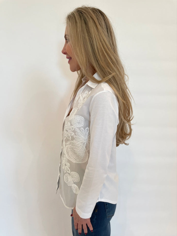 WHYCI Norma Embroidered Flower Long Sleeve Shirt in White available at Barbara Katz