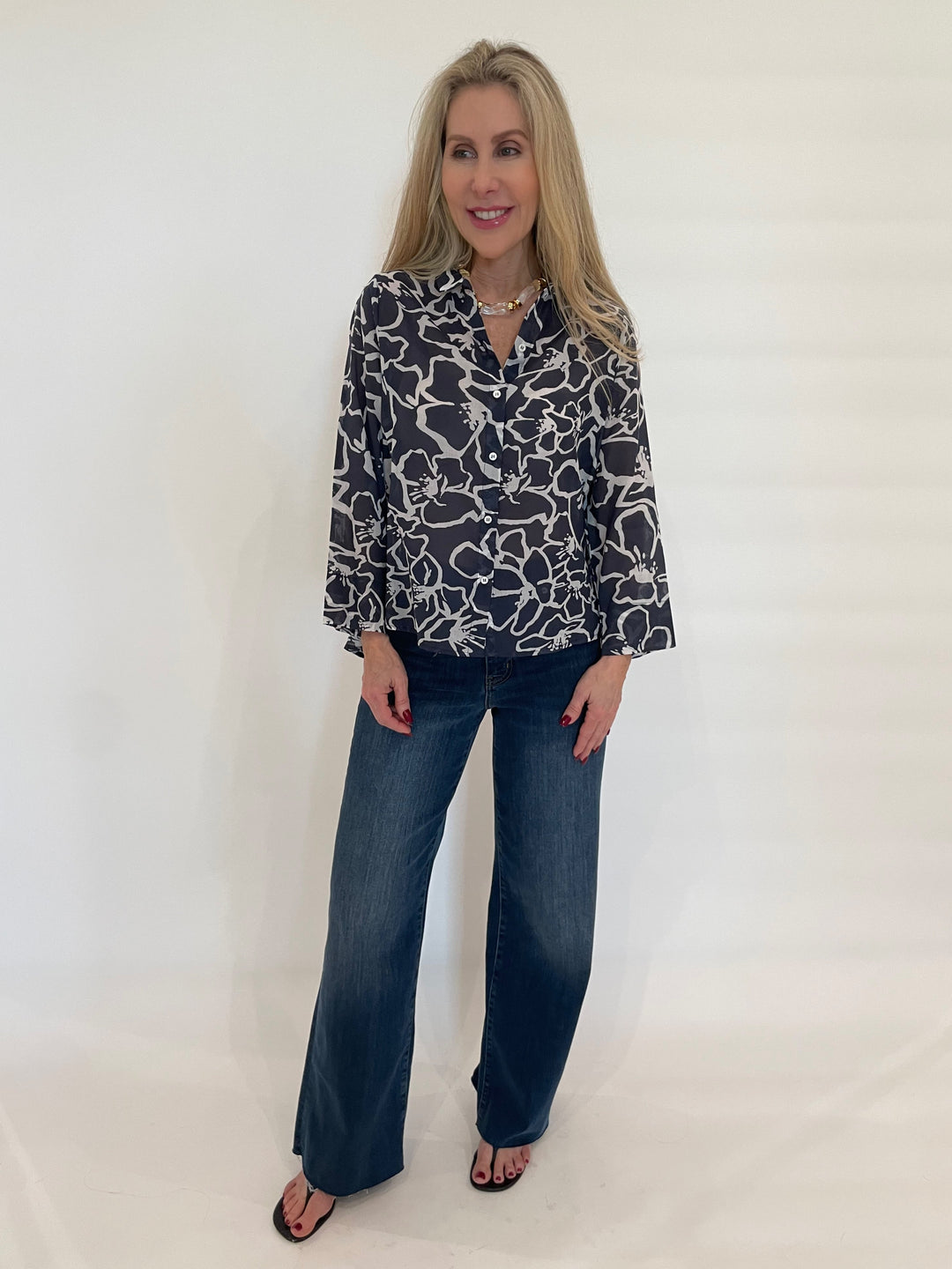 WHYCI Cotton Voile Printed Shirt in Navy paired with Frame Denim available at Barbara Katz