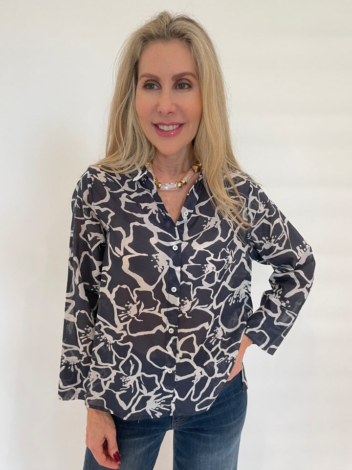 WHYCI Floral Cotton Voile Shirt in Navy available at Barbara Katz