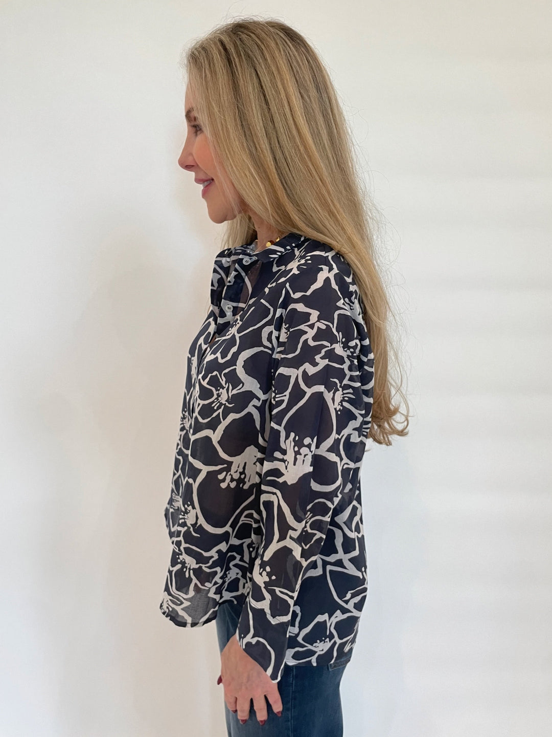 WHYCI Cotton Voile Printed Long Sleeve Shirt in Navy available at Barbara Katz