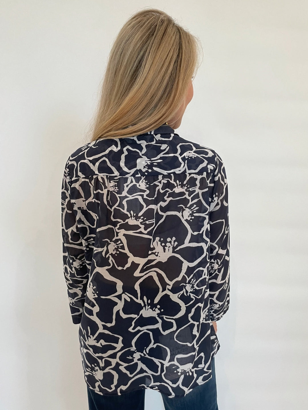 WHYCI Cotton Voile Printed Shirt in Navy available at Barbara Katz