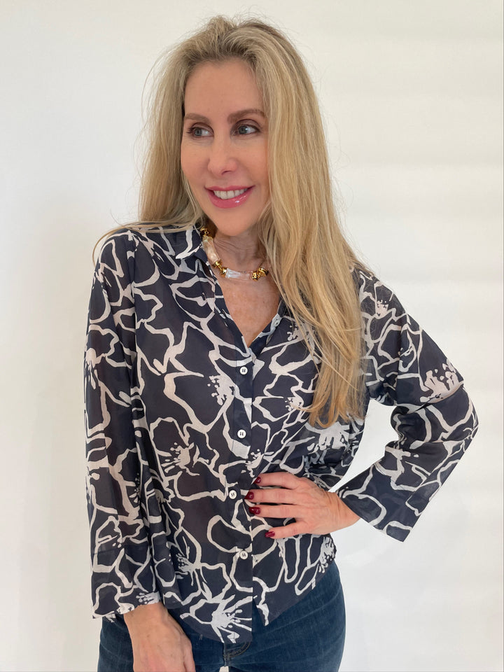 WHYCI Cotton Voile Printed Shirt in Navy available at Barbara Katz