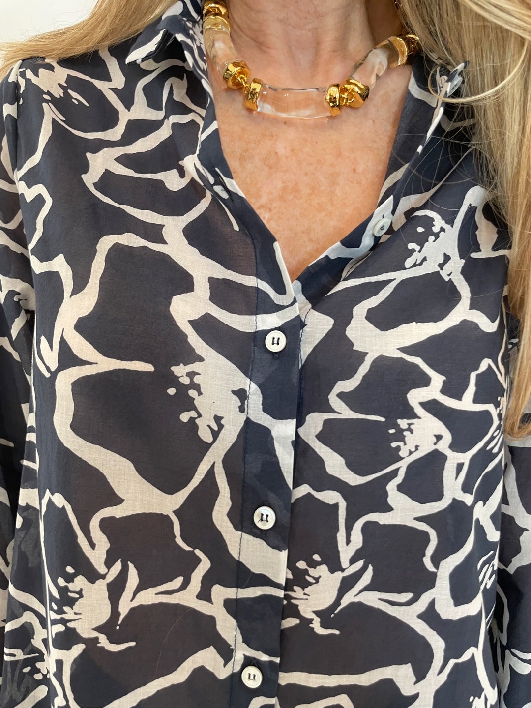 WHYCI Cotton Voile Printed Shirt in Navy available at Barbara Katz