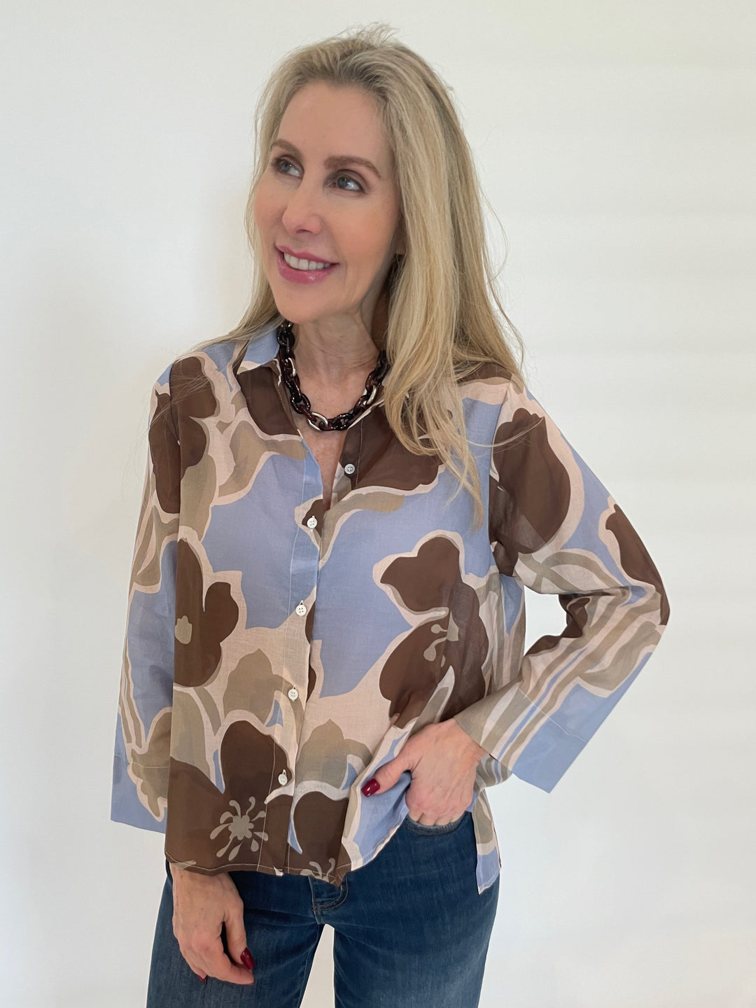 WHYCI Cotton Voile Printed Shirt in Light Blue available at Barbara Katz