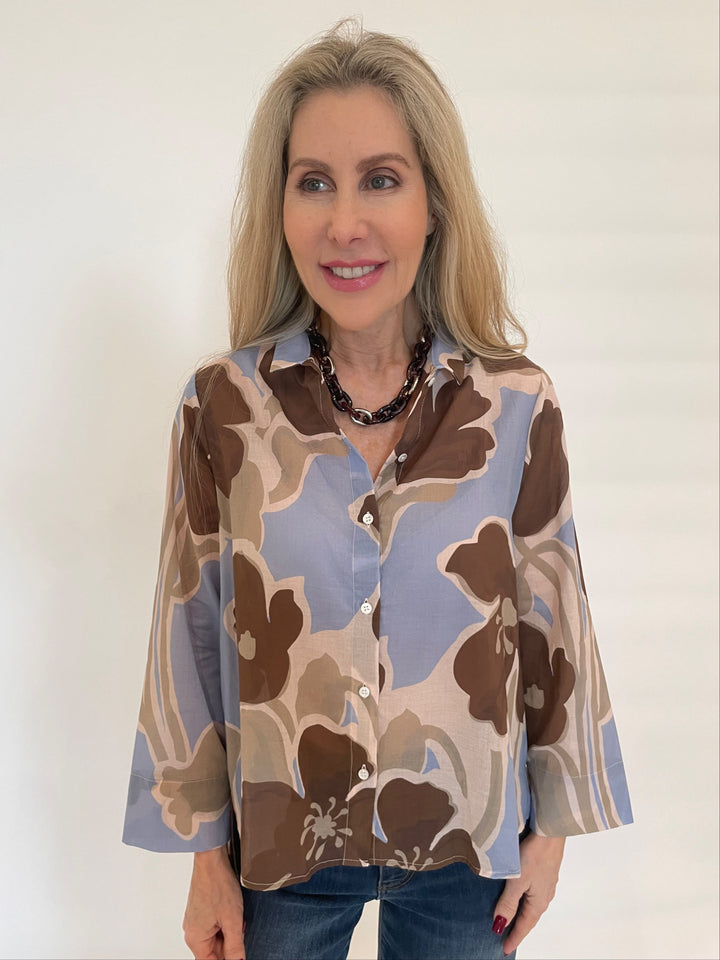 WHYCI Floral Cotton Voile Printed Shirt in Light Blue available at Barbara Katz