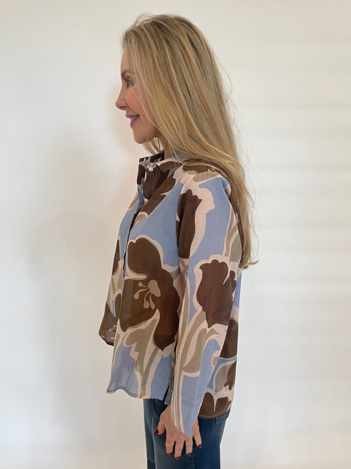 WHYCI Cotton Voile Printed Long Sleeve Shirt in Light Blue available at Barbara Katz