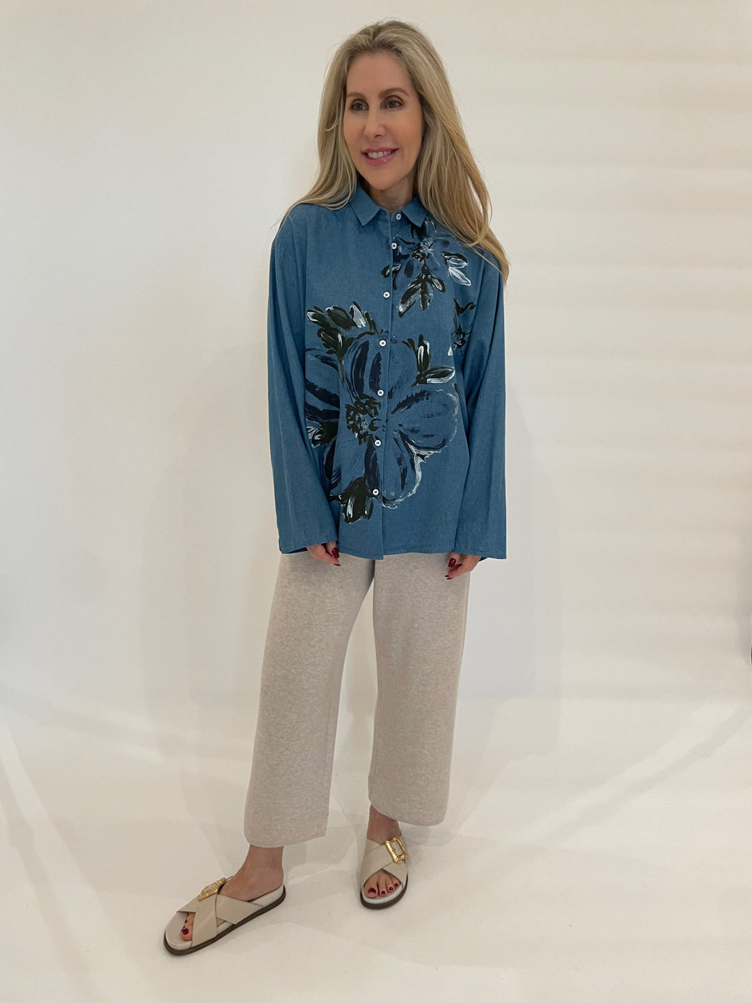 WHYCI Doris Denim Hand-painted Flores Shirt in Navy paired with Kinross Coverstitch Crop Pants in Wicker available at Barbara Katz