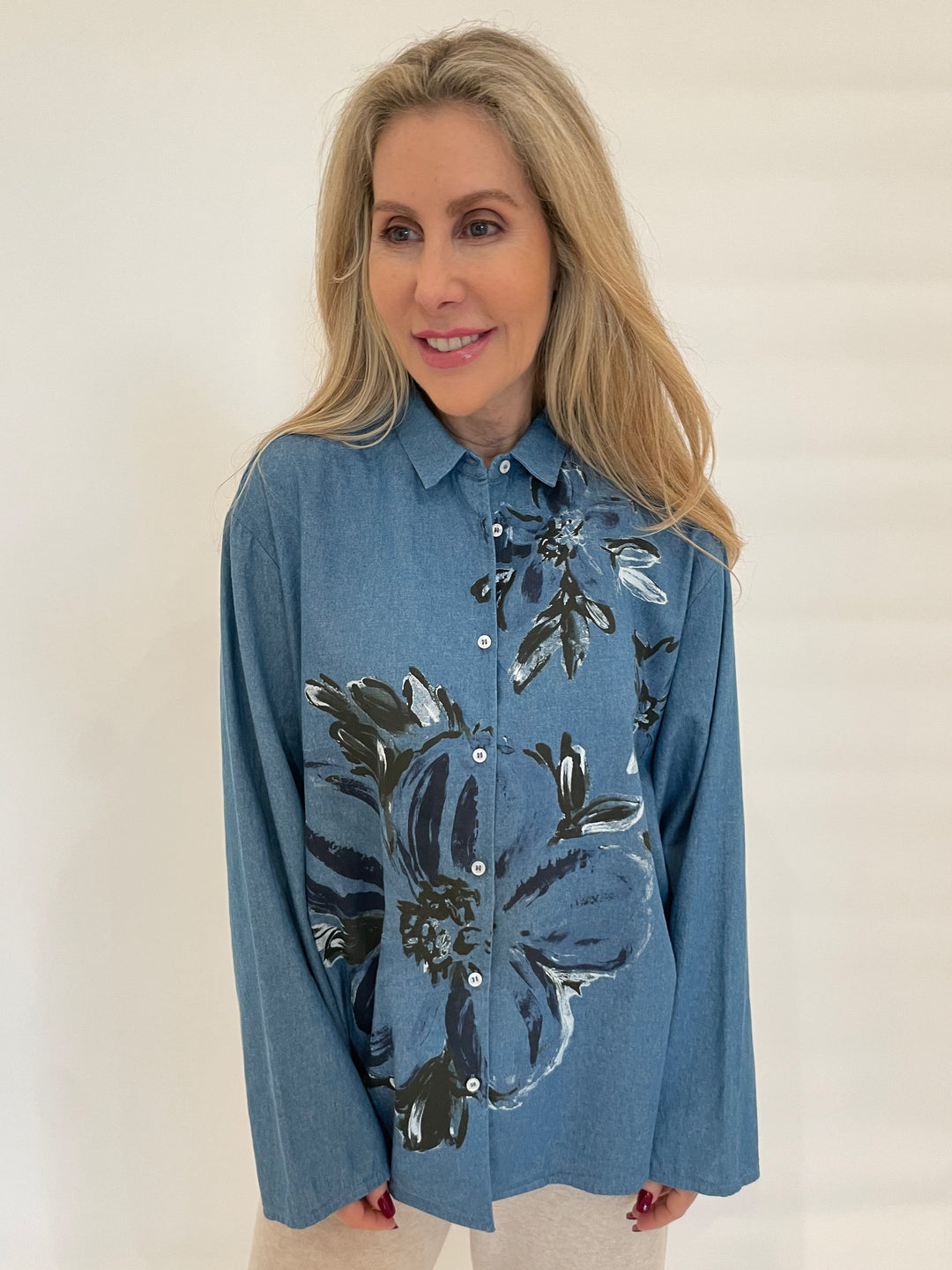 WHYCI Doris Denim Hand-painted Flores Shirt in Navy available at Barbara Katz