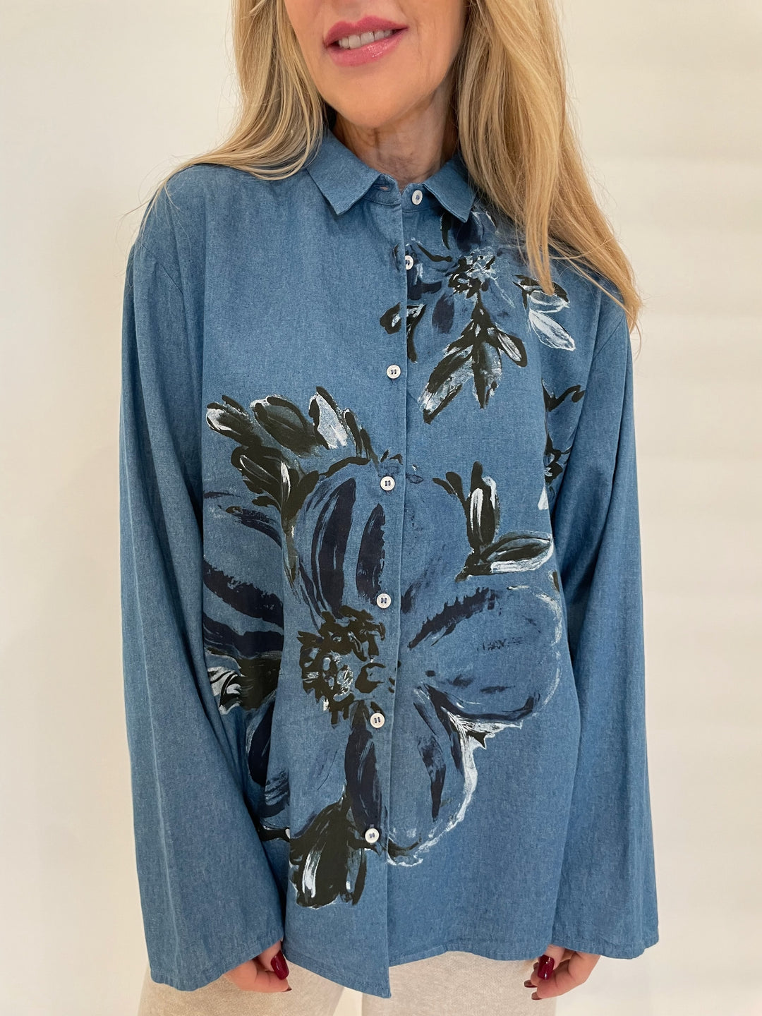 WHYCI Doris Denim Hand-painted Flores Button-Up Shirt in Navy available at Barbara Katz