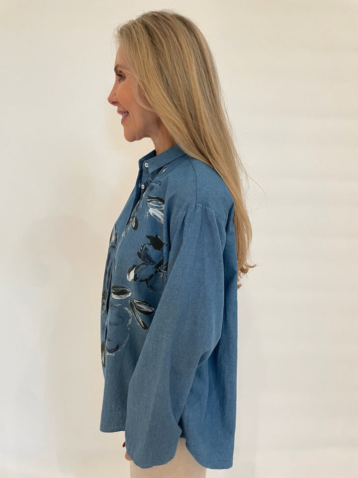 WHYCI Doris Denim Hand-painted Flores Long Sleeve Shirt in Navy available at Barbara Katz