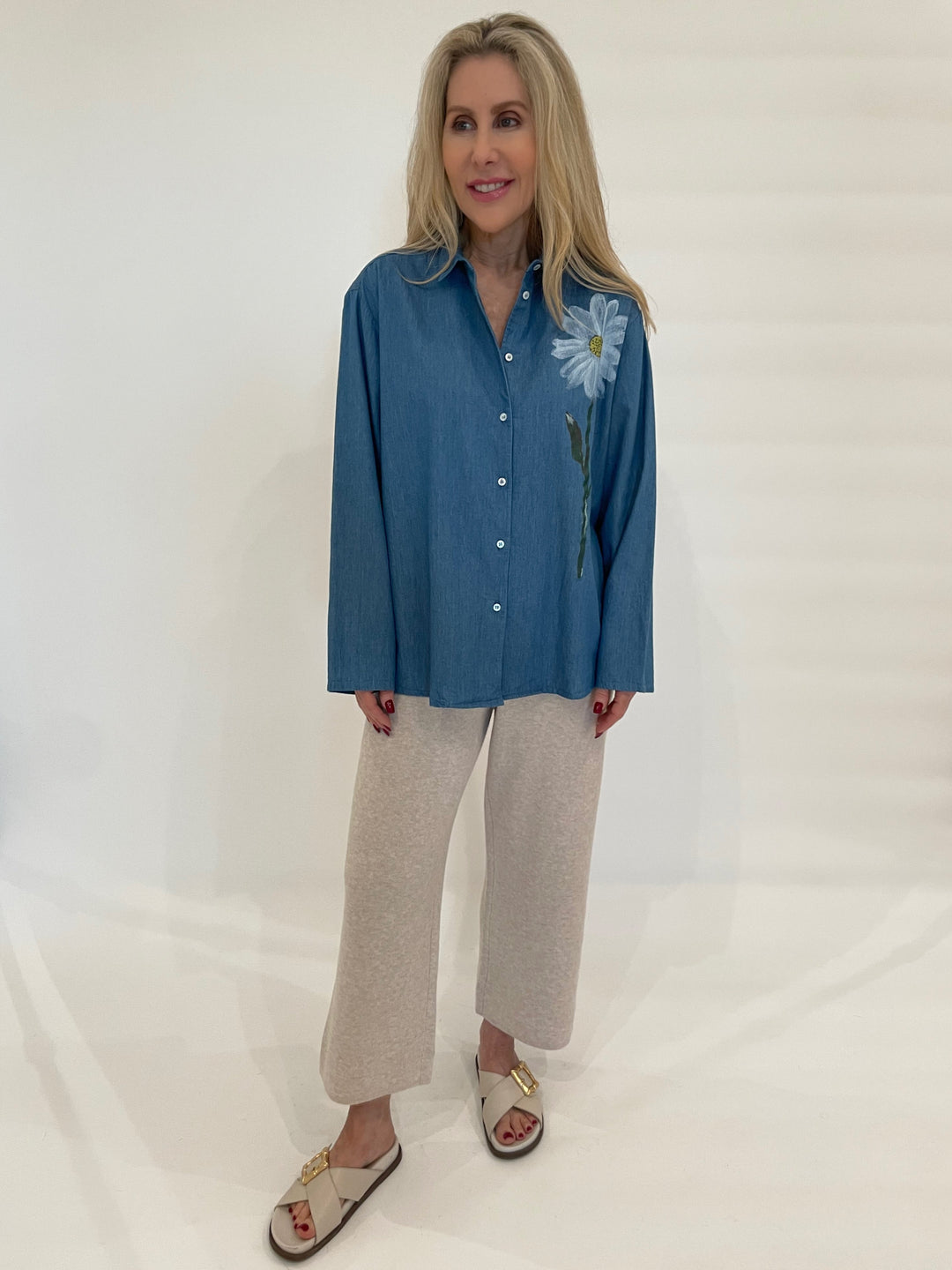 WHYCI Mariana Hand-painted Flower Shirt in Denim paired with Kinross Coverstitch Crop Pants in Wicker available at Barbara Katz