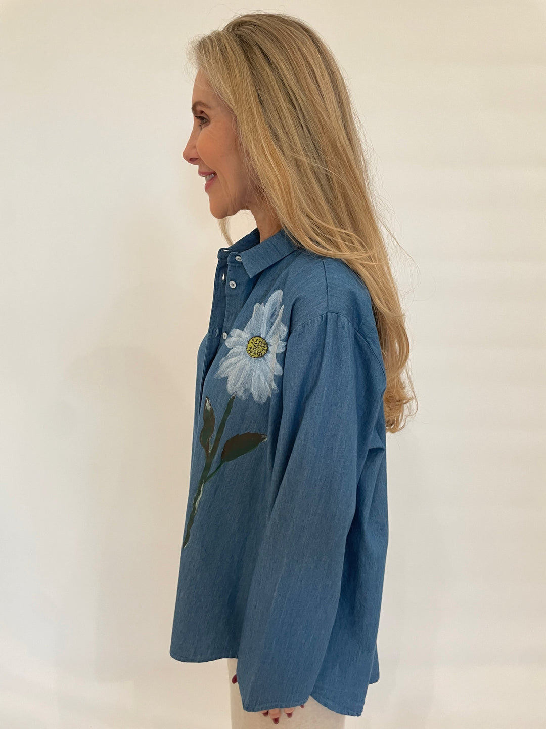 WHYCI Mariana Hand-painted Flower Long Sleeve Shirt in Denim Blue available at Barbara Katz