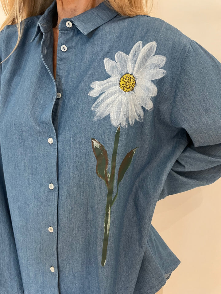 WHYCI Mariana Hand-painted Flower Shirt in Denim available at Barbara Katz