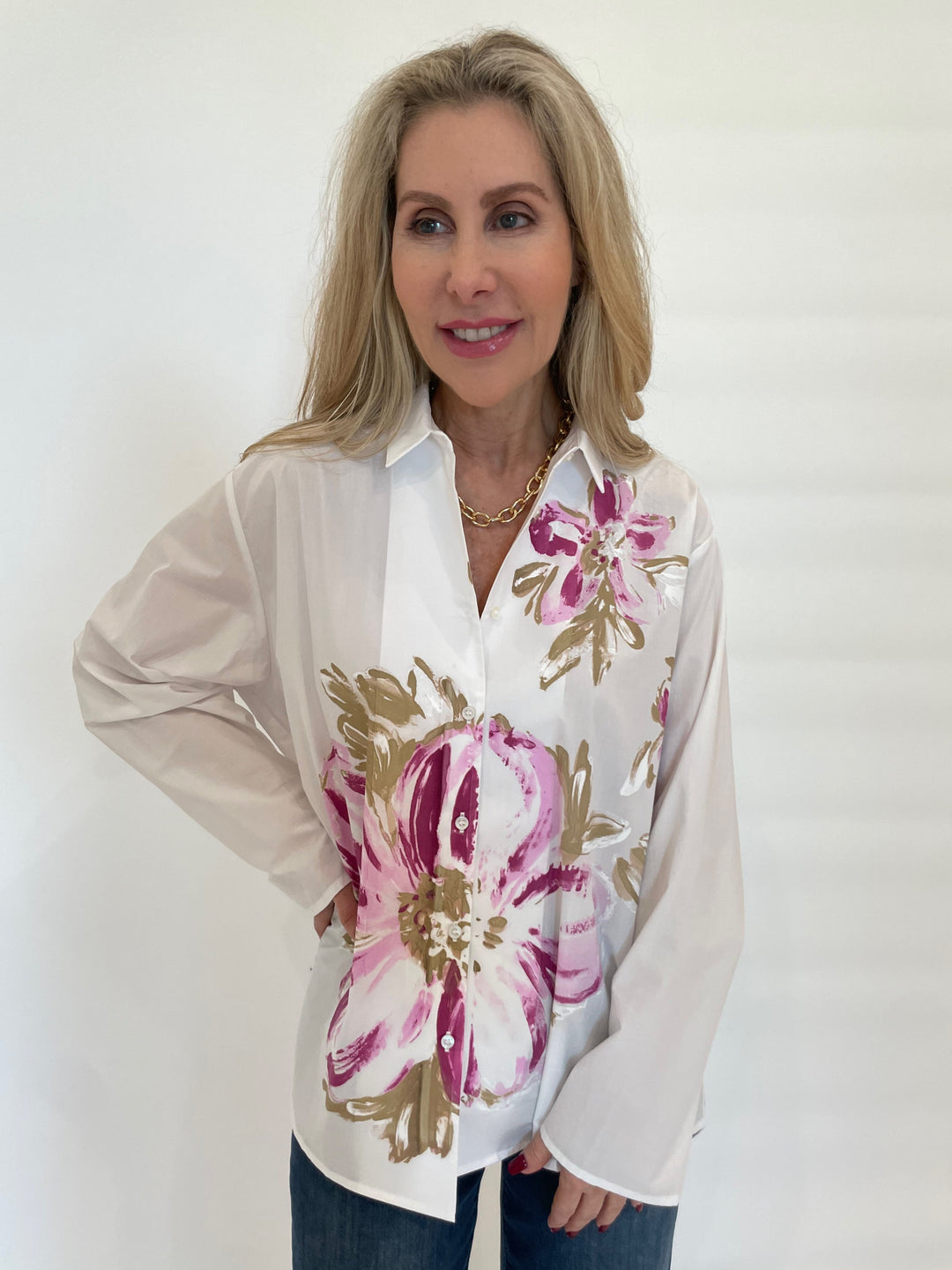 WHYCI Rachel Hand-painted Flower Shirt - Melanzana available at Barbara Katz