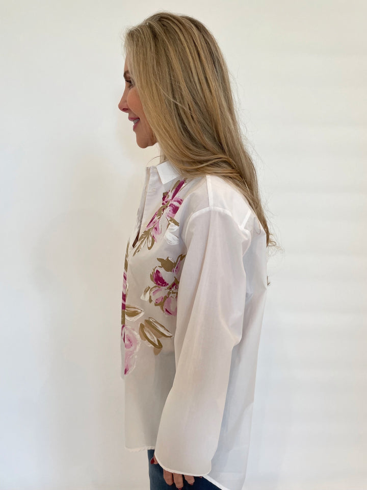 WHYCI Rachel Hand-painted Flower Long Sleeve Shirt - Melanzana available at Barbara Katz