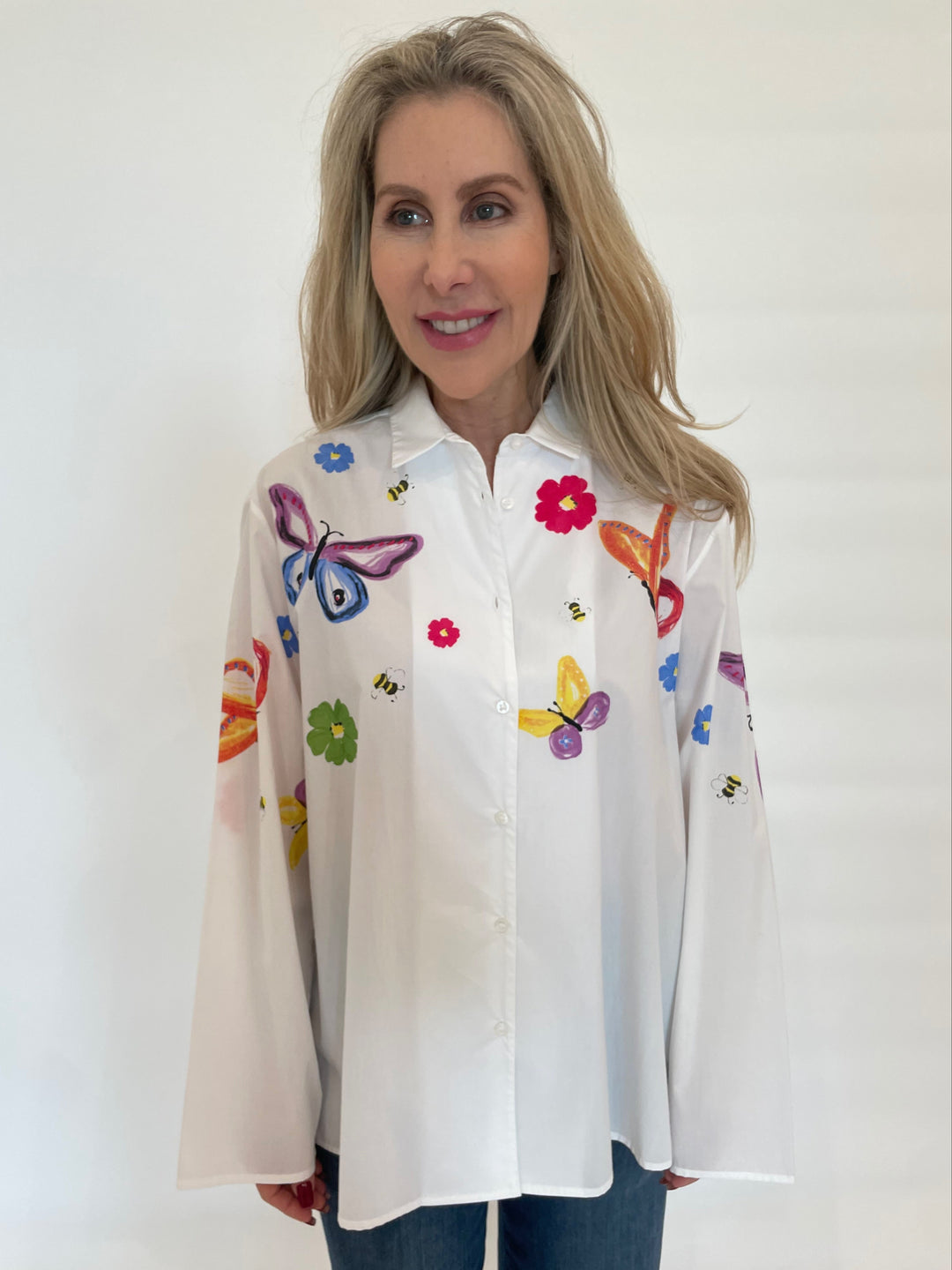 WHYCI Mariela Hand-painted Butterfly Shirt in White/Multi available at Barbara Katz