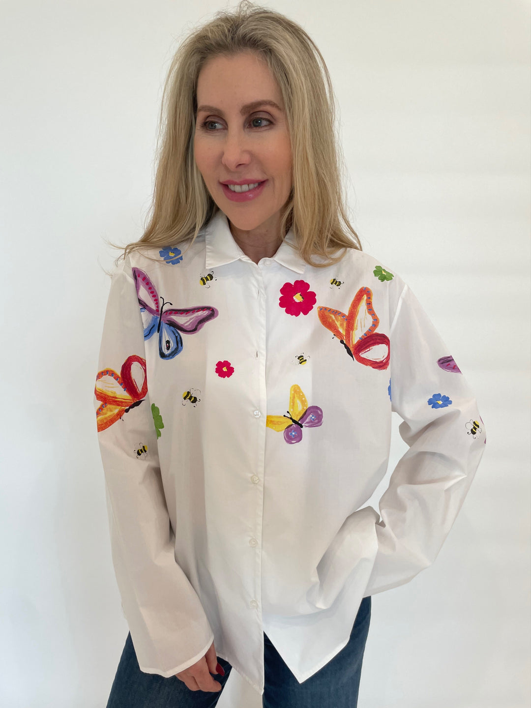 WHYCI Mariela Hand-painted Butterfly Shirt in White/Multi available at Barbara Katz