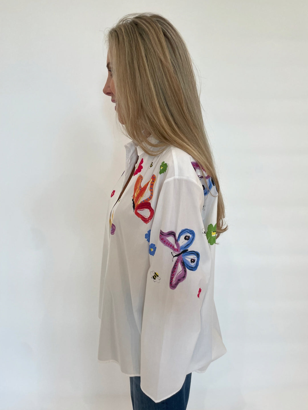 WHYCI Mariela Hand-painted Butterfly Long Sleeve Shirt in White/Multi available at Barbara Katz