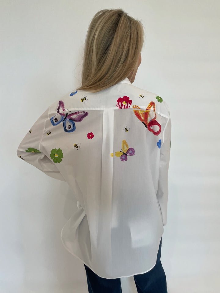 WHYCI Mariela Hand-painted Butterfly Shirt in White/Multi available at Barbara Katz