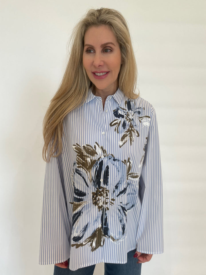 WHYCI Fiona Stripe Hand-painted Flower Shirt in Navy available at Barbara Katz