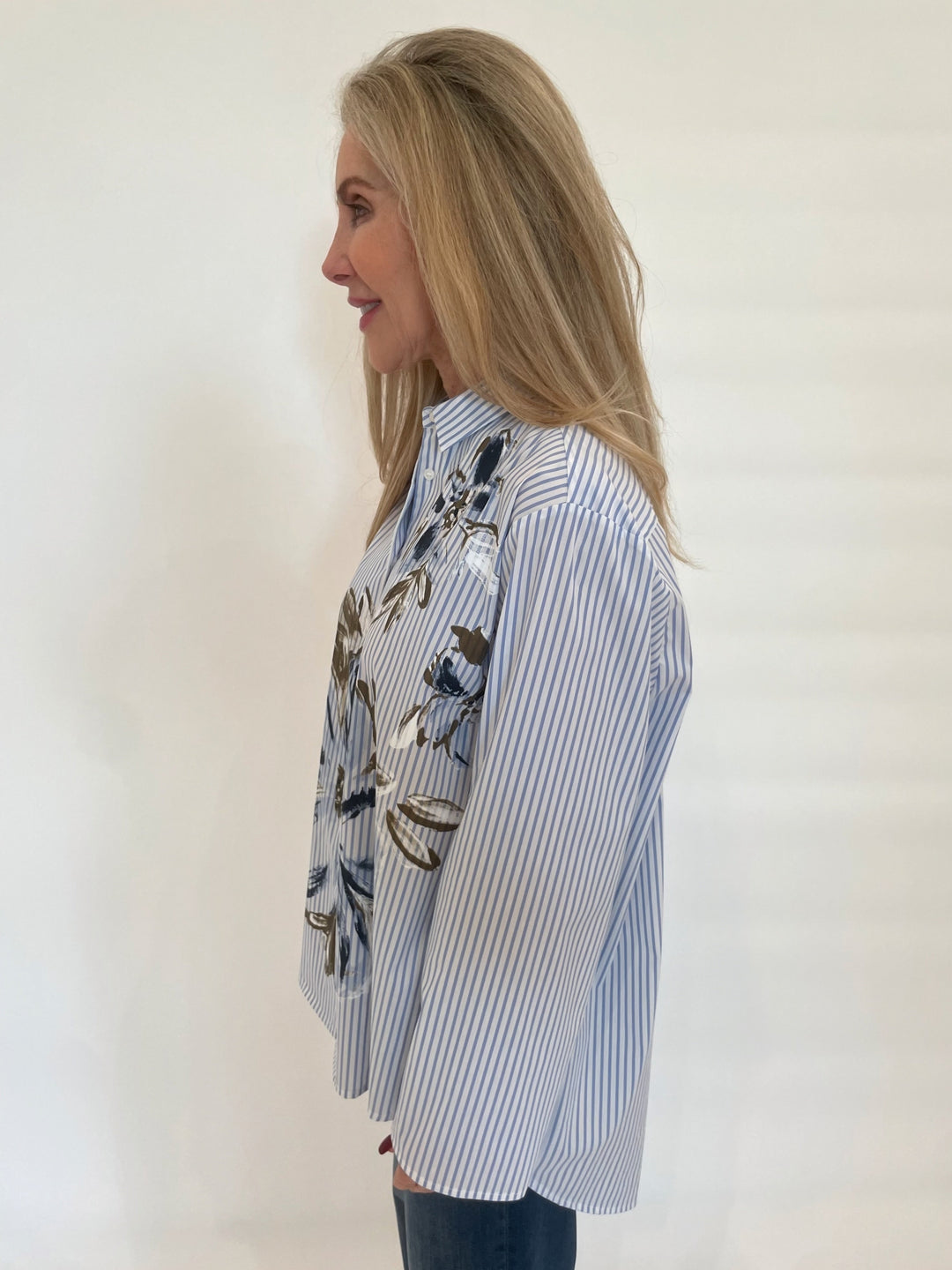 WHYCI Fiona Stripe Hand-painted Flower Long Sleeve Shirt in Navy available at Barbara Katz