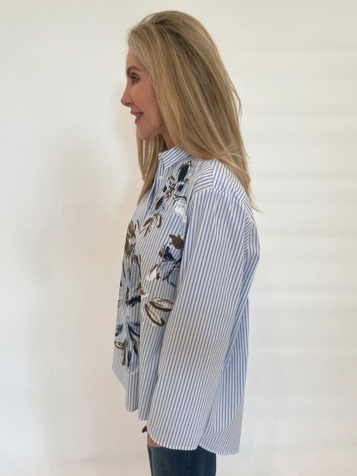 WHYCI Fiona Stripe Hand-painted Flower Long Sleeve Shirt in Navy available at Barbara Katz