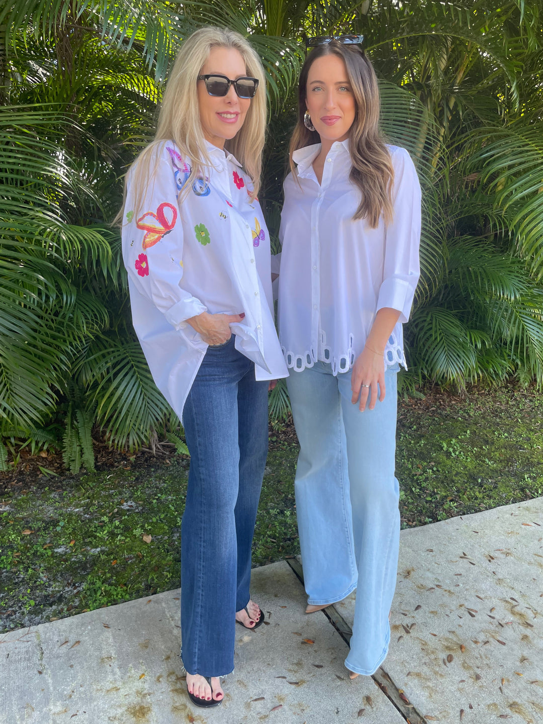 WHYCI Mariela Hand-painted Butterfly Shirt in White/Multi paired with Frame Denim and WHYCI Dali 3/4 Sleeve Shirt in White paired with Mother Denim available at Barbara Katz