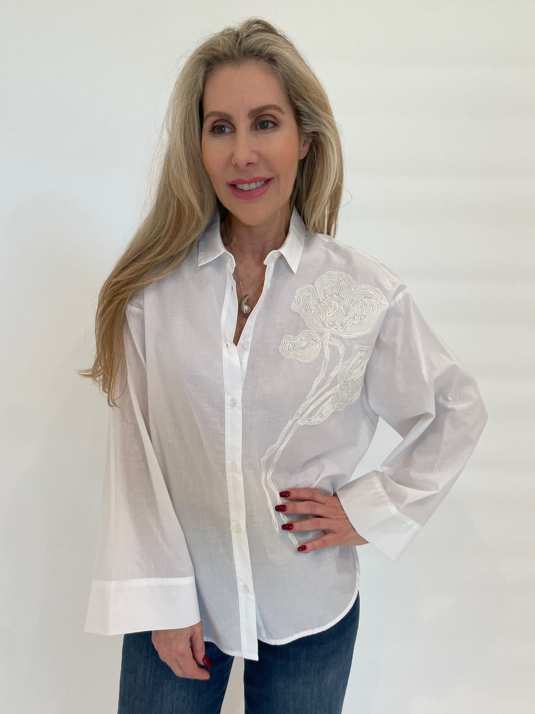 WHYCI Noam Button-Down Embroidered Shirt in White available at Barbara Katz