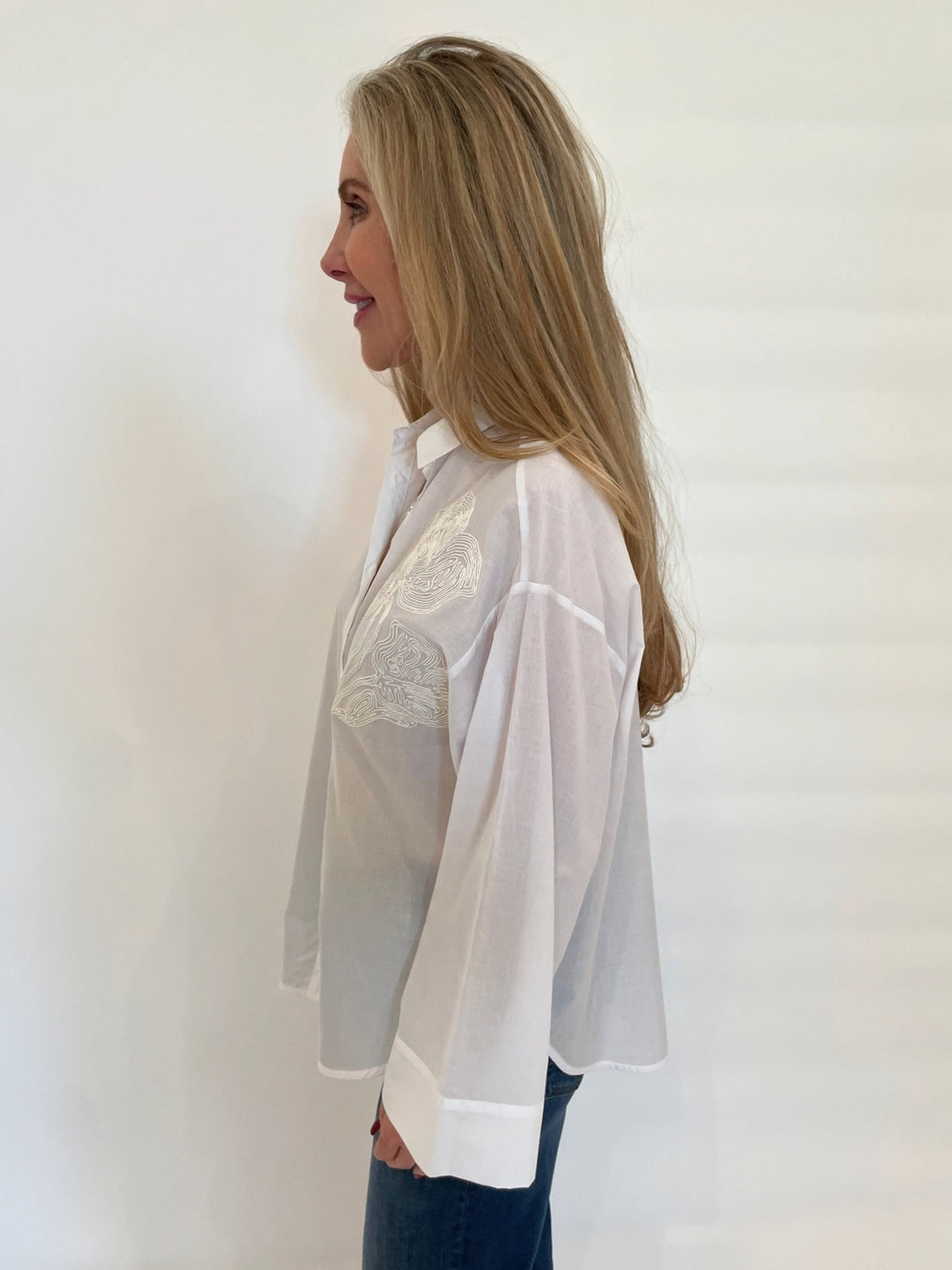 WHYCI Noam Embroidered 3/4 Sleeve Shirt in White available at Barbara Katz