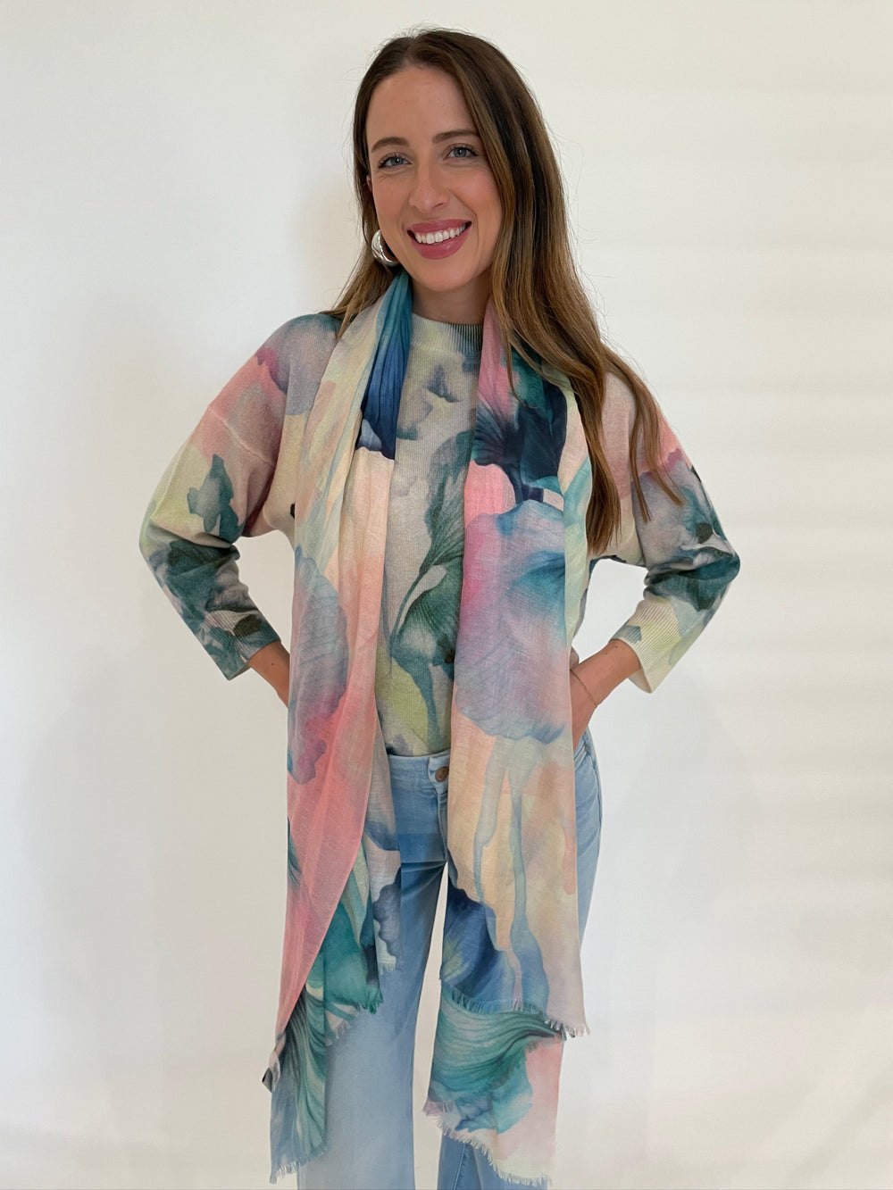 Kinross Cashmere Romantic Floral Crew Sweater in Multi with Kinross Femme Floral Print Scarf available at Barbara Katz