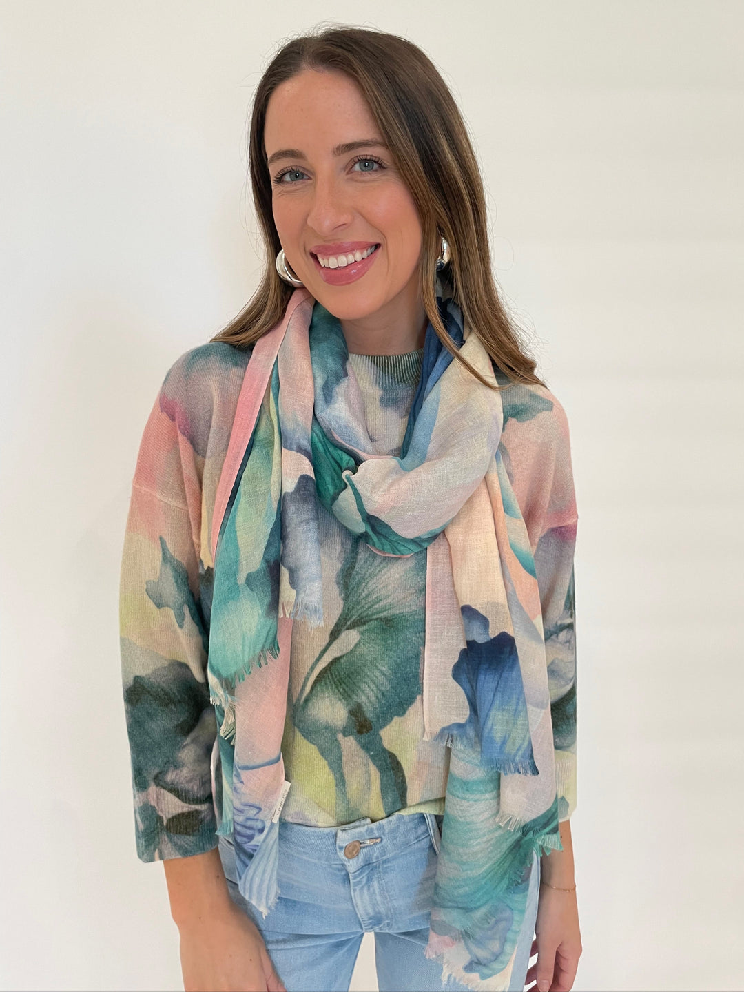 Kinross Cashmere Romantic Floral Crew Sweater in Multi with Kinross Femme Floral Print Scarf available at Barbara Katz