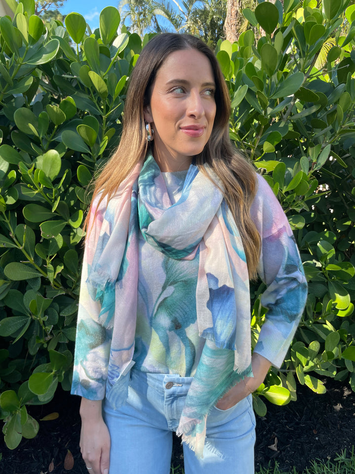 Kinross Cashmere Romantic Floral Crew Sweater in Multi with Kinross Femme Floral Print Scarf available at Barbara Katz