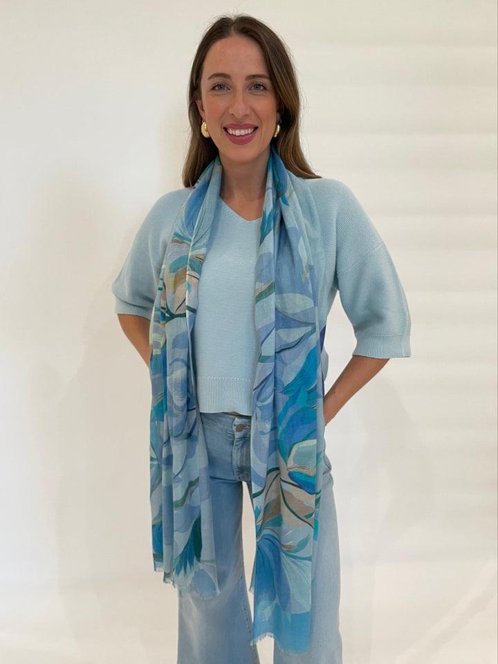 Kinross Cashmere Acacia Print Scarf in Tranquil Multi available at Barbara Katz