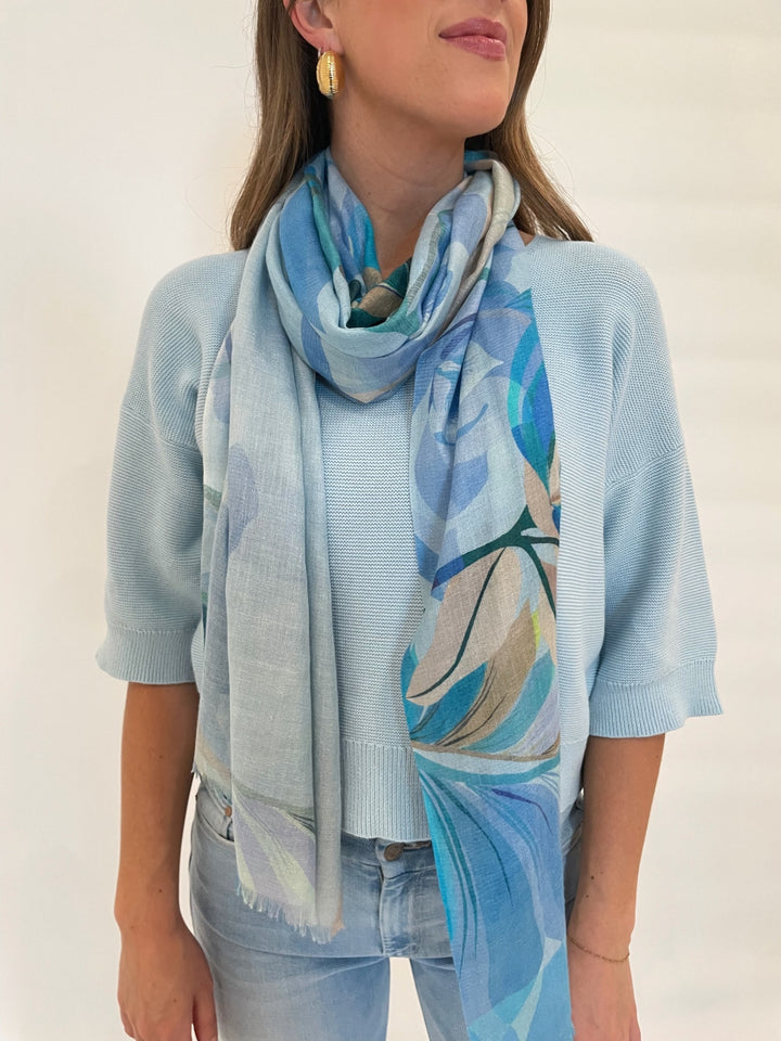 Kinross Garter Easy Vee Sweater in Opal with Kinross Cashmere Acacia Print Scarf in Tranquil available at Barbara Katz