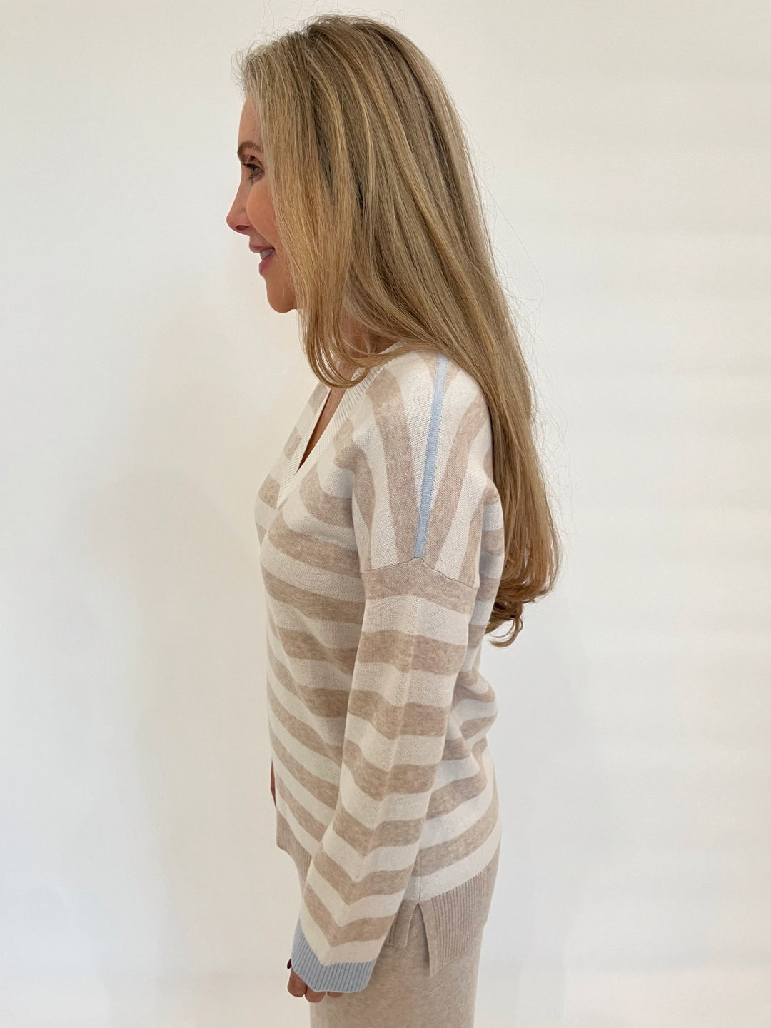 Kinross Norma Hi-Low Stripe Vee Long Sleeve Sweater in Wicker/Multi available at Barbara Katz