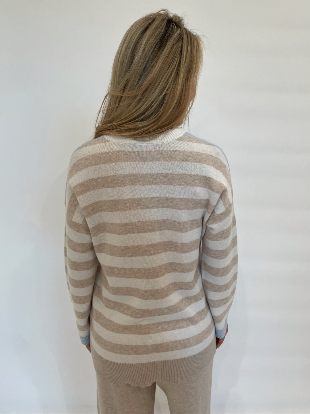 Kinross Norma Hi-Low Stripe Vee Sweater in Wicker/Multi available at Barbara Katz