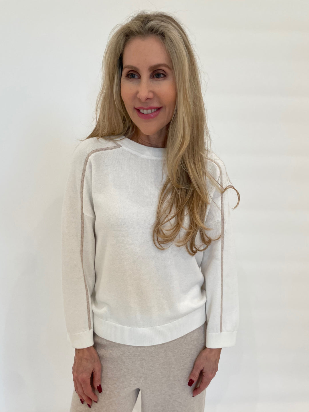 Kinross Contrast Stitch Crew Sweater in White/Wicker available at Barbara Katz