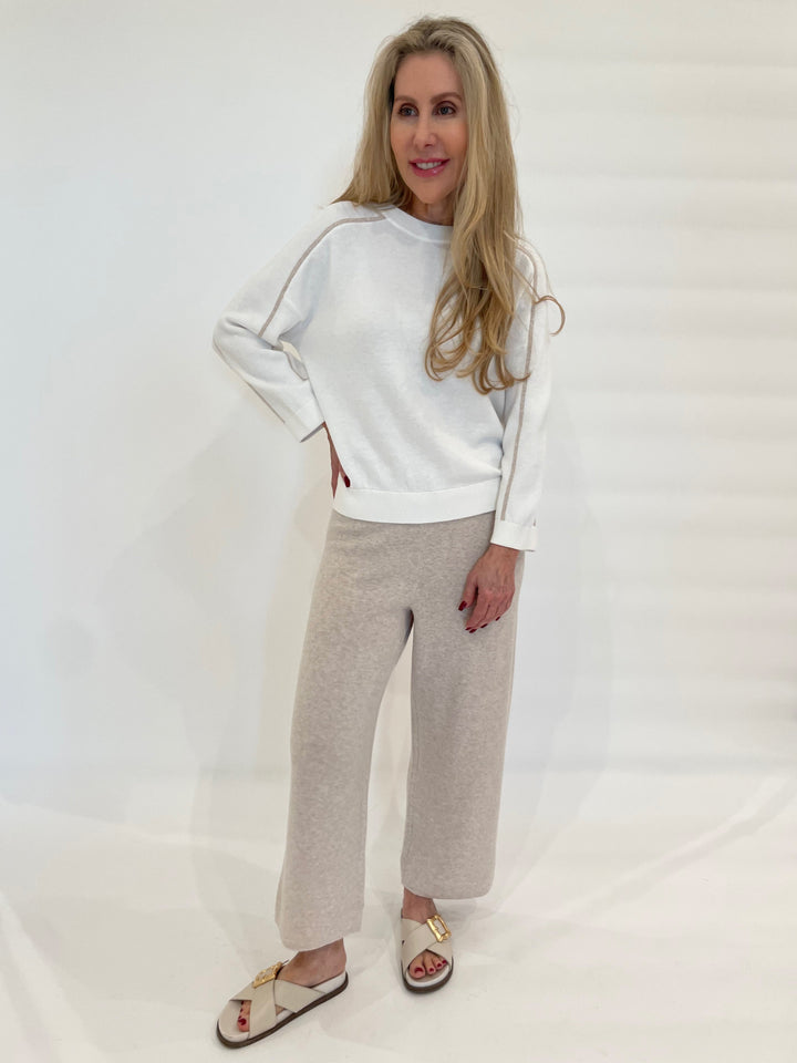 Kinross Lola Contrast Stitch Crew Sweater in White/Wicker paired with Kinross Coverstitch Crop Pants in Wicker available at Barbara Katz