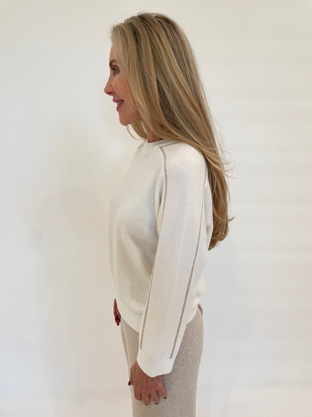 Kinross Lola Contrast Stitch Long Sleeve Sweater in White/Wicker available at Barbara Katz