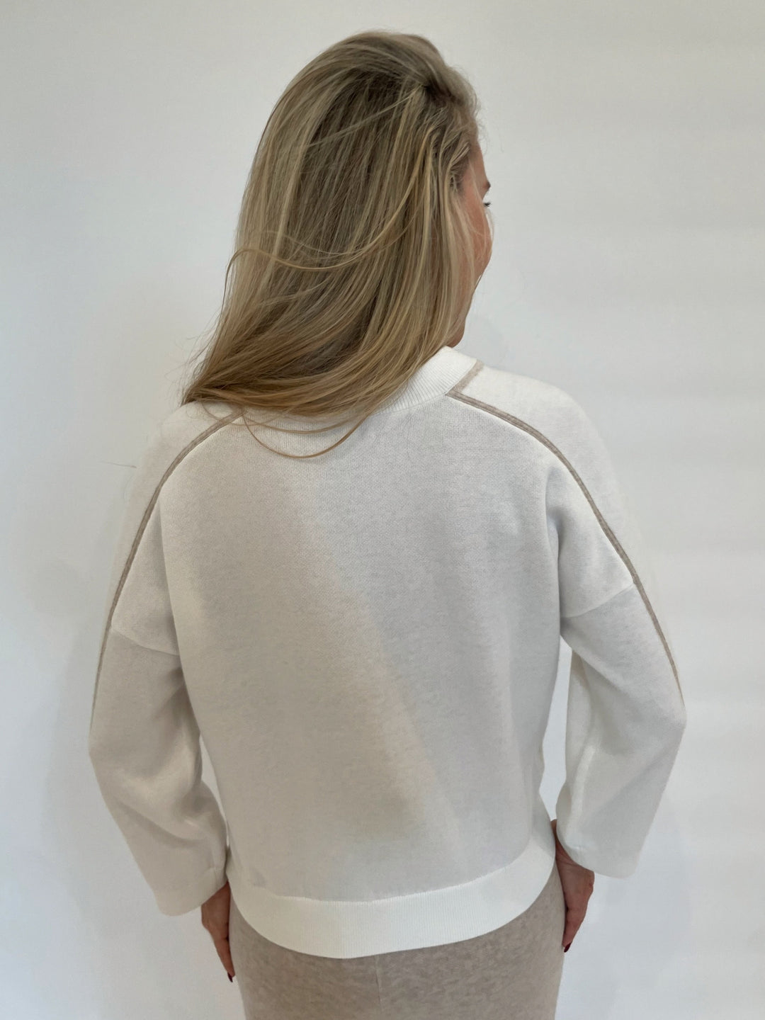 Kinross Lola Contrast Stitch Crew Sweater in White/Wicker available at Barbara Katz