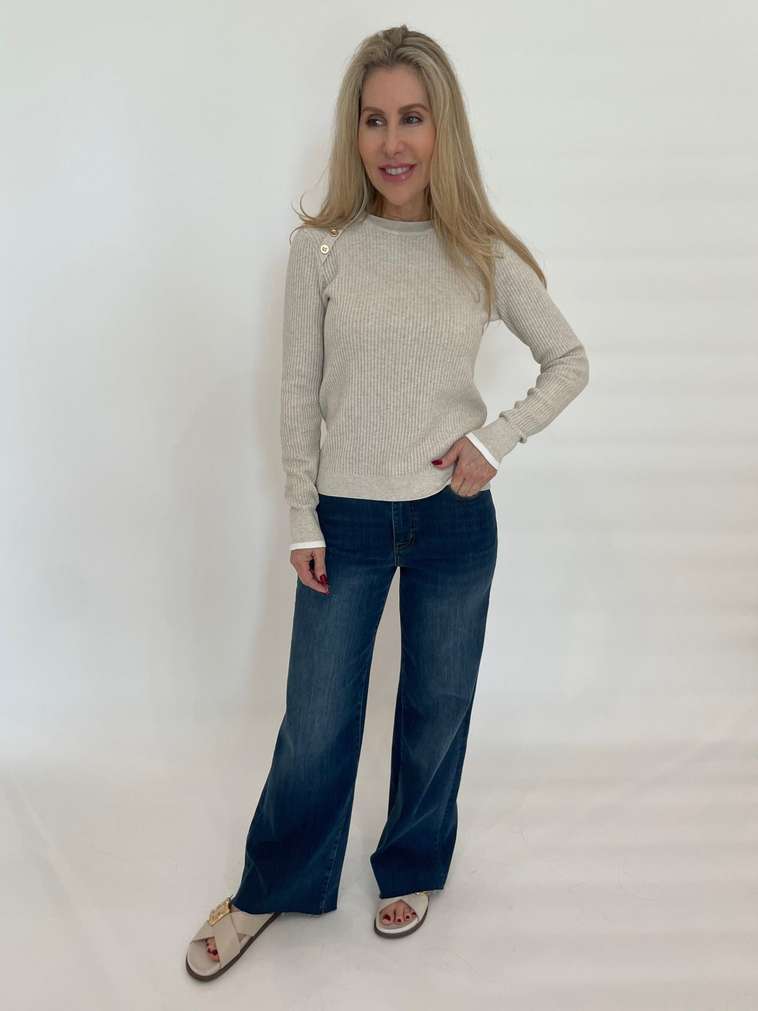 Kinross Tipped Button Rib Crew Sweater in Champagne/White paired with Frame Denim Le Slim Palazzo Jeans in Lupine available at Barbara Katz