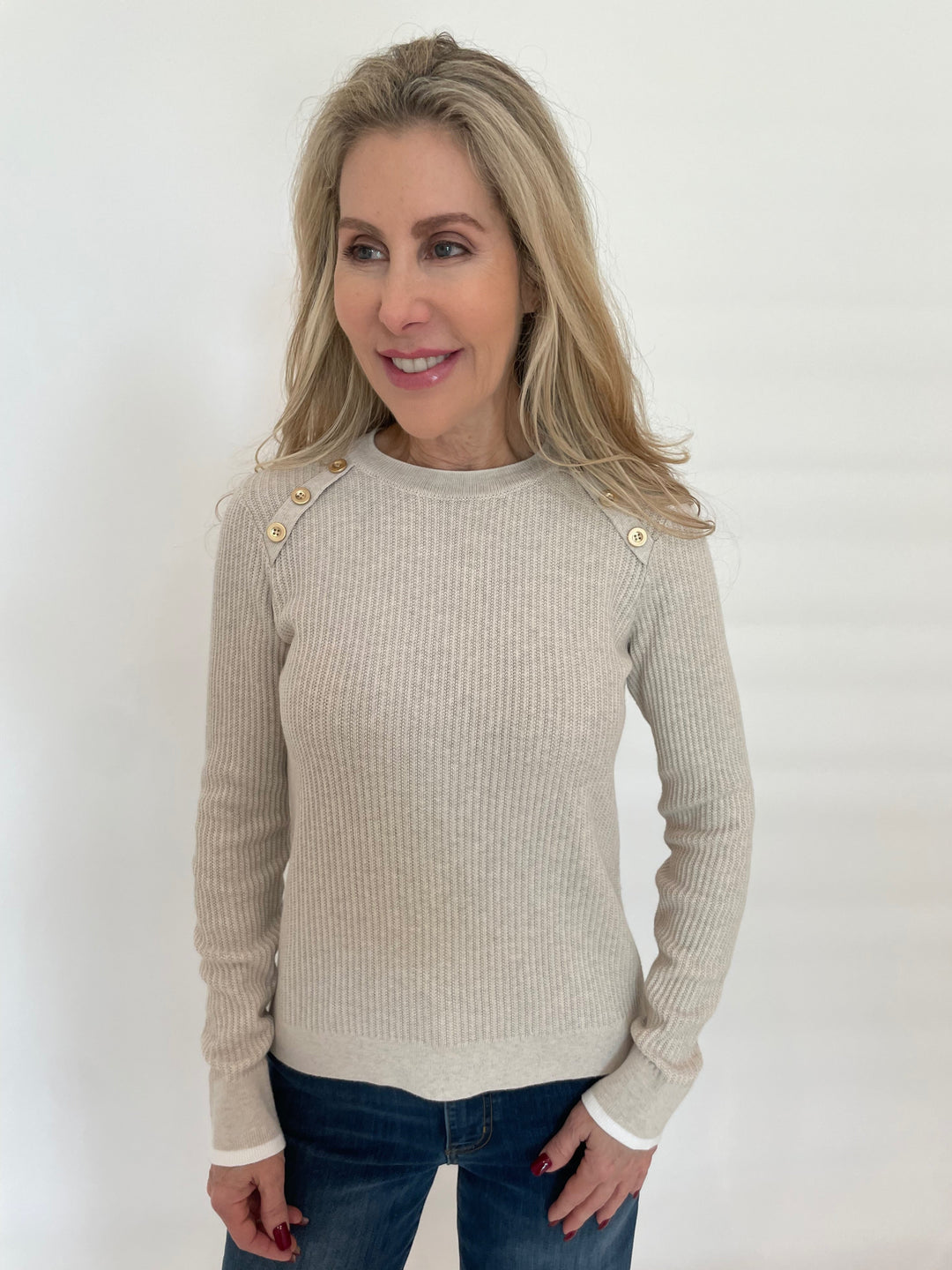 Kinross Tipped Button Rib Crew Sweater in Champagne/White available at Barbara Katz