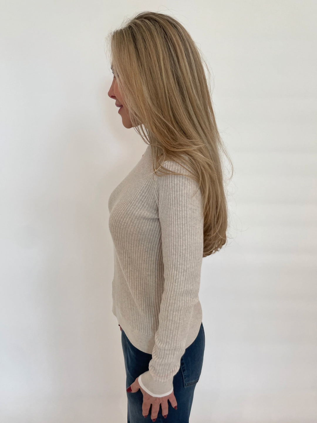 Kinross Ivonne Tipped Button Rib Long Sleeve Sweater in Champagne/White available at Barbara Katz